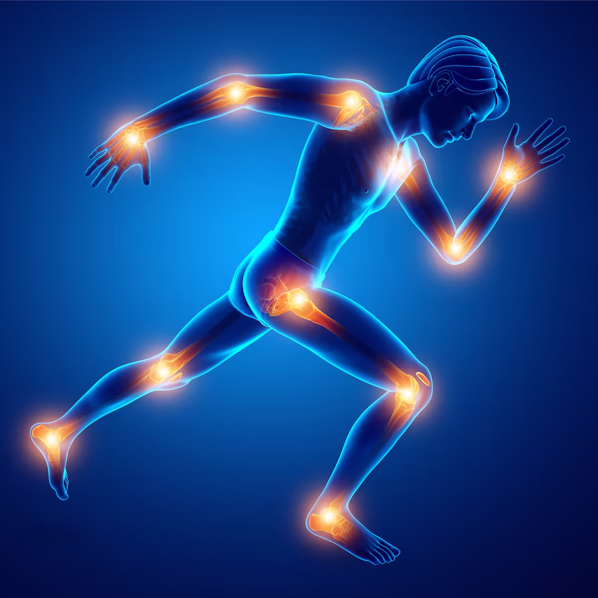 Illustration of a runner with common pain points highlighted at the shoulder, elbow, hip, knee, and ankle